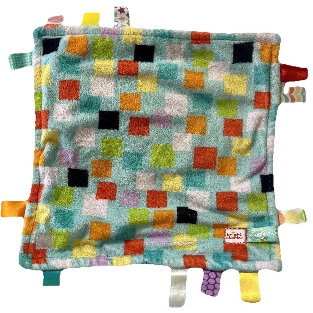 Bright Starts Taggies Baby Security Blanket Squares Turquoise Plush Sensory Toy